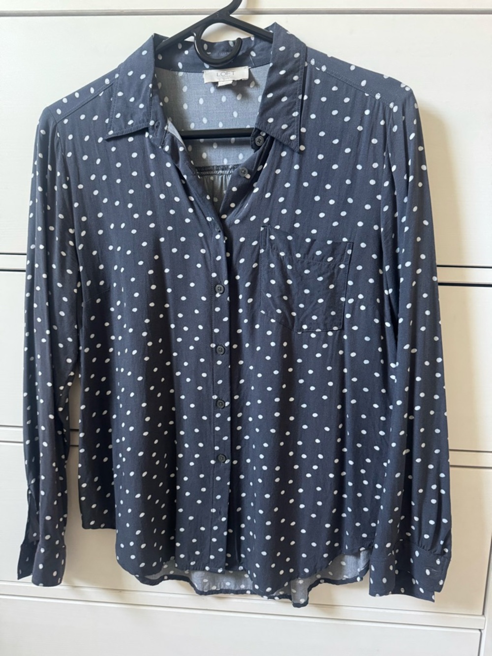 LOFT Gray & White Polka Dot Button Down Blouse Medium Petite